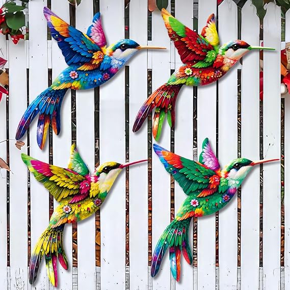 Metal Hummingbird Outdoor Decor - 10'' Hummingbird Wall Hanging Decorations for Outside Fence Garden Yard Patio Decor, Gift for Mom Friends (Set of 4)