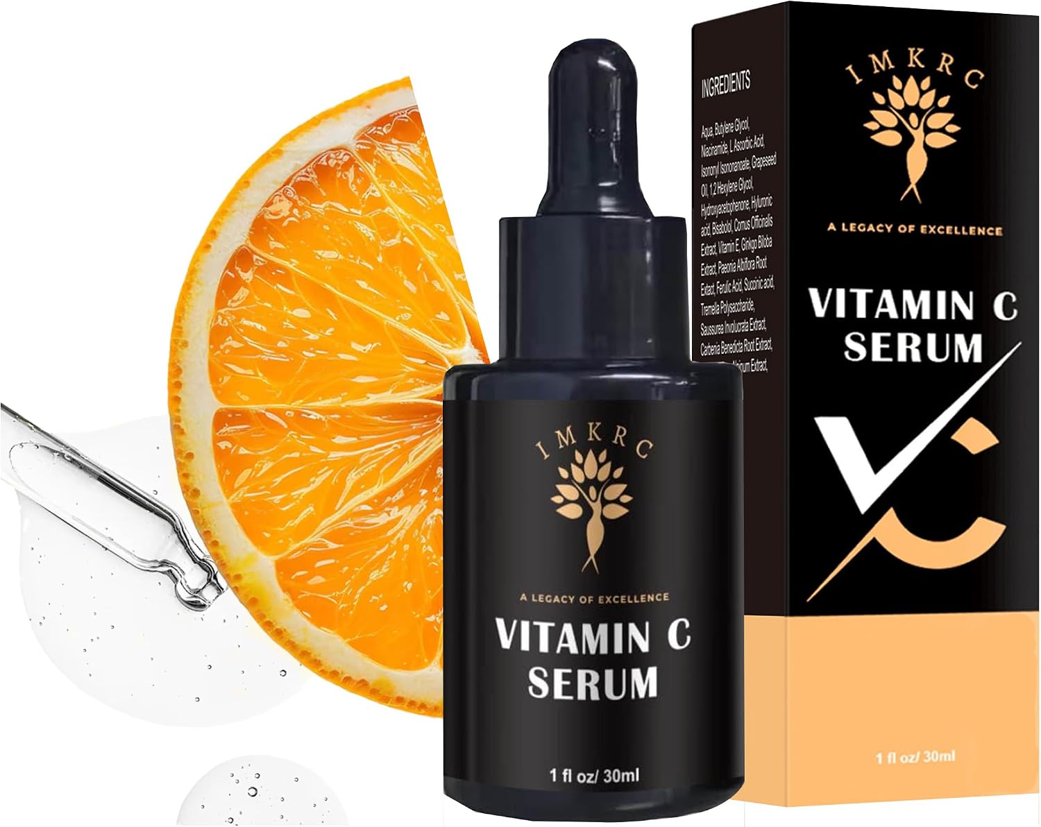 Vitamin C Serum, 20% L-Ascorbic Acid, with Hyaluronic Acid, Ferulic Acid, Vitamin E, 30ml