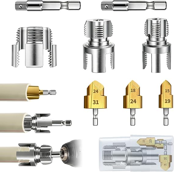 3PCS PVC Pipe Threader Tool Kit-1/2" 3/4" 1" Dual-Function Integrated Internal & External Pipe Threading Tool for Water Pipe,Drill Compatible Threading Tool for Pipe Projects and Home Repairs