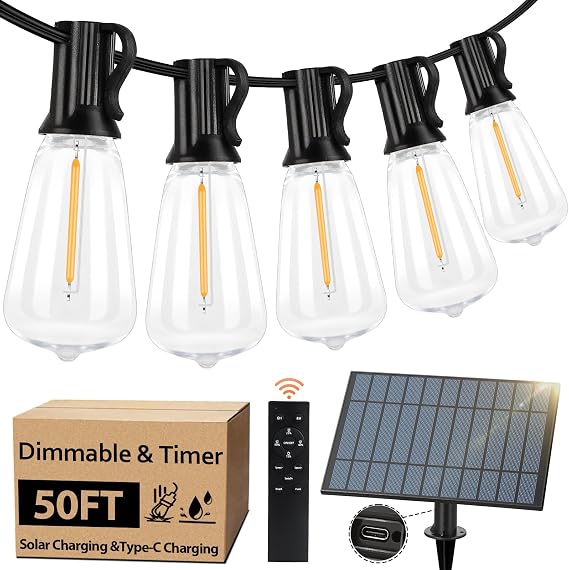 50 FT Solar Powered Outdoor String Lights with 26 Shatterproof Edison Bulbs