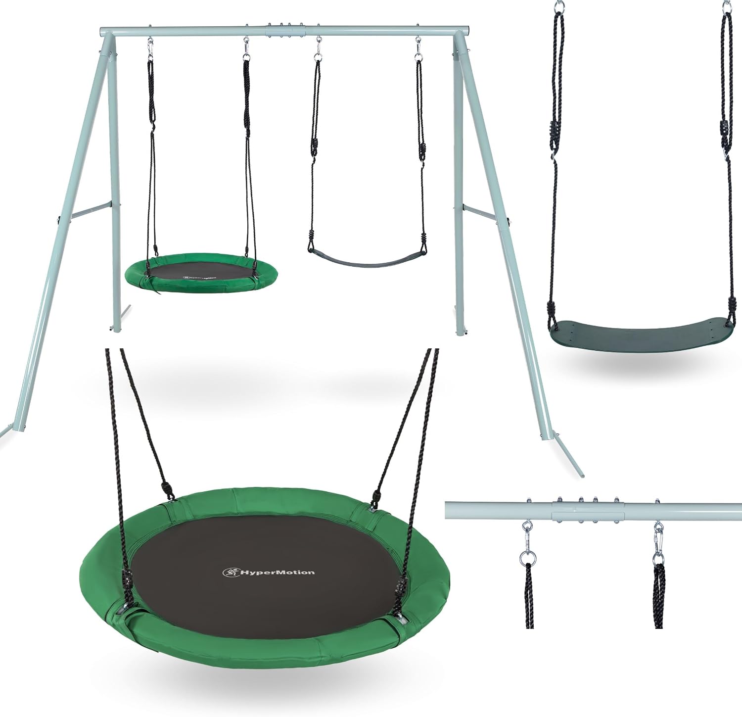 HyperMotion Garden Swing Set with Nest & Classic Seat - Sturdy A-Frame Design, 200kg Load Capacity - Weather-Resistant Steel Frame & Adjustable Ropes - Safe Outdoor Play Equipment for Kids & Parents