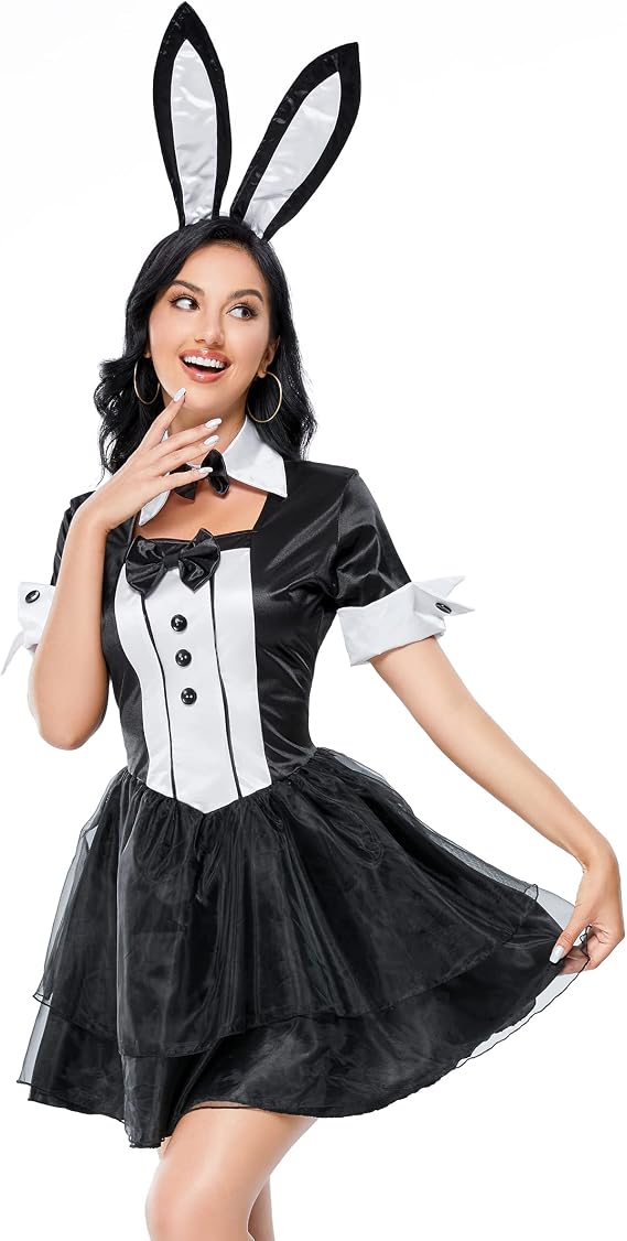 KOJOOIN Women Halloween Cosplay Bunny Girl Outfit Sexy Roleplay Party Dress Anime Maid Dress