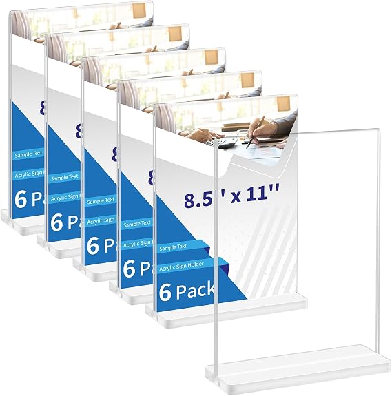 8.5 x 11 Acrylic Sign Holder, 6 Pack Double Sided Clear Display Stands, Vertical Table Number Holders, Plastic Picture Frames, Flyer Menu Brochure Sign Holder for Office, Show Fair, Restaurants