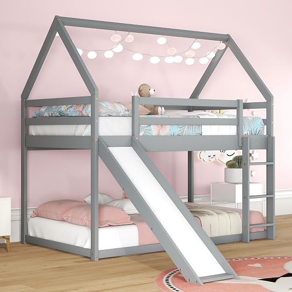 Bellemave Twin Over Twin House Bunk Bed,Floor Low Bunk Beds with Slide for Kids,Twin Over Twin,Gray