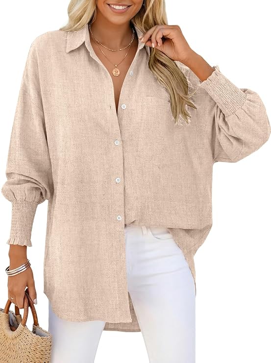 TARSE Women's Linen Button Down Shirt Oversized Long Sleeve Blouse