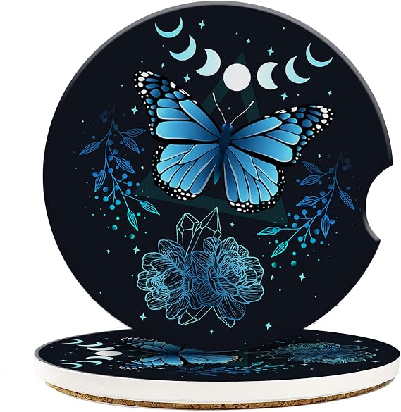Car Cup Coaster Butterfly Abstract Mystic Sign Blue Car Coaster for Cup Holders Universal Non-Slip Ceramic Vehicle Interior Accessories 2 Pack 2.56 Inch