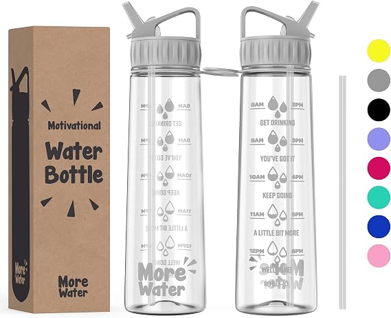 More Water Bottle With Straw, Motivational Time Markings 900ml - Drinking Tracker Bottles - Times to Drink - BPA Free Sports Bottles