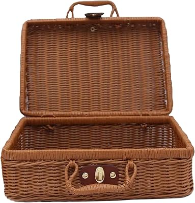 Picnic Basket,Woven Wicker Vintage Suitcase Woven Storage Basket Rattan Storage Case Picnic Weave Laundry Basket B