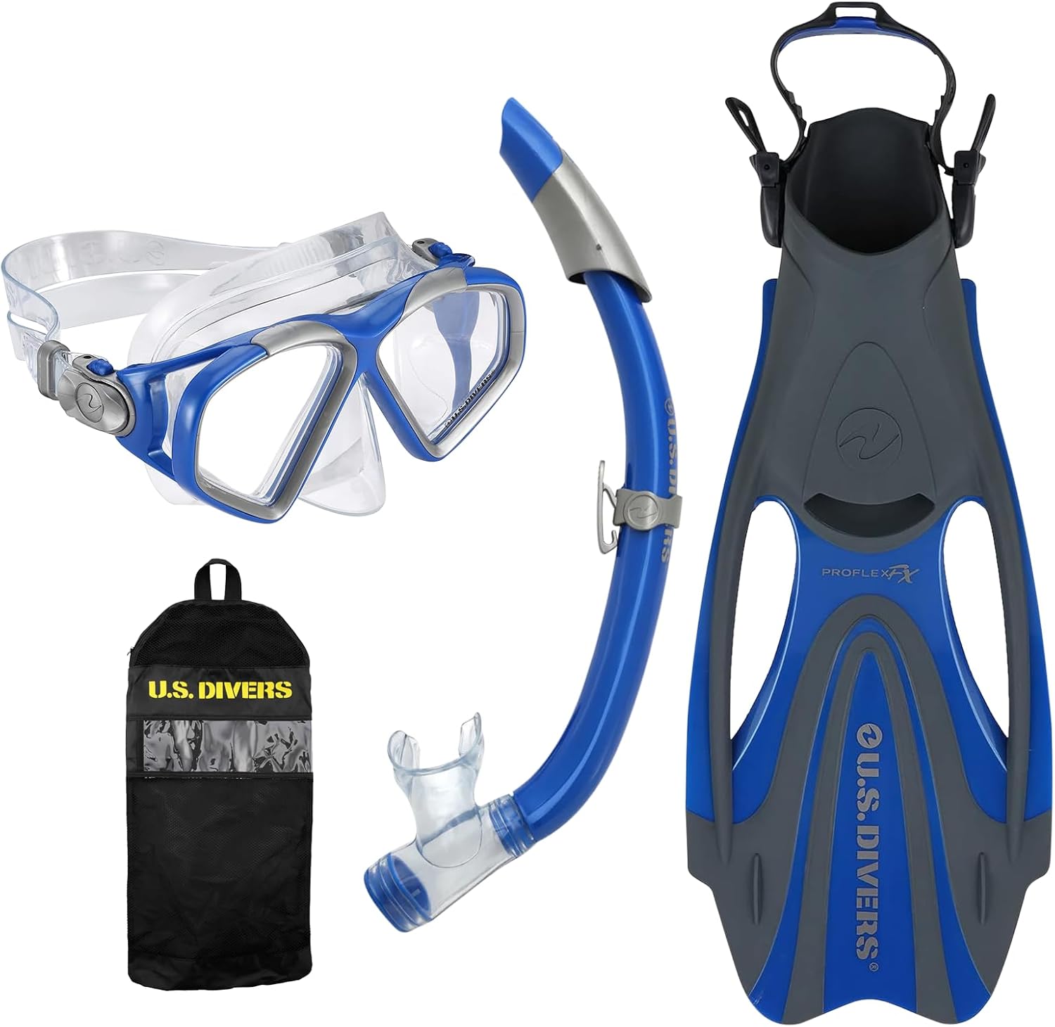 OutdoorMaster x U.S. Divers Cozumel DX Adult Snorkel Set, Anti-Fog Mask with Panoramic View, Semi-Dry Snorkel, Easy-Adjust Fins, Snorkeling and Travel Use