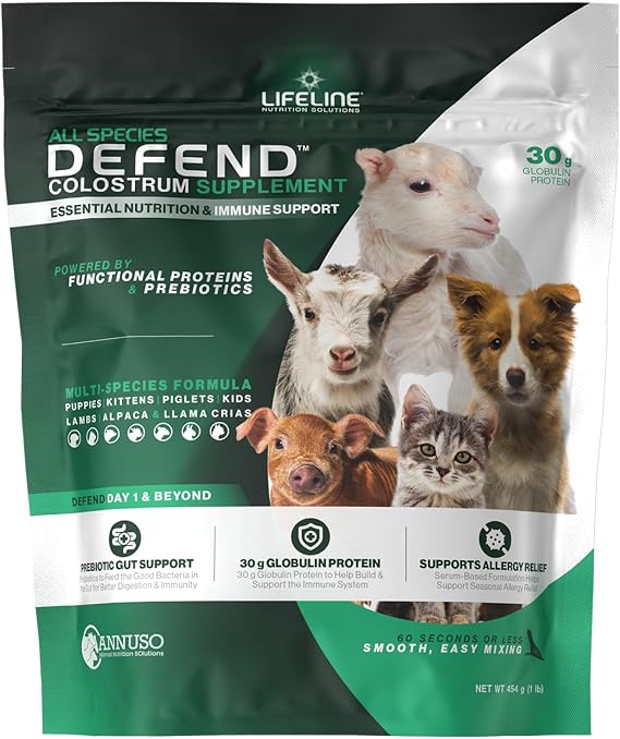 ANNUSO LIFELINE Defend All Species Colostrum Supplement, 1lb Bag - 30g Globulin Protein - Prebiotics, Immune & Gut Support - for Lambs, Young Goats, Piglets, Puppies, Kittens - Easy Mix Formula