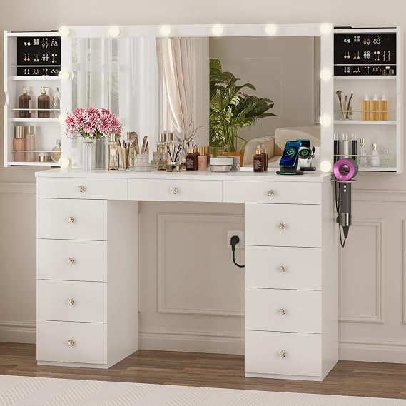 Likein Makeup Vanity Desk with Lights and Mirror, 11 Drawers Dressing Table