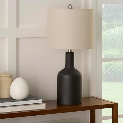 Nourison Home 22 Matte Black Ceramic Table Lamp with Oatmeal Shade for Modern, Transitional, Bedside Table, Living Room, Dining, Entryway