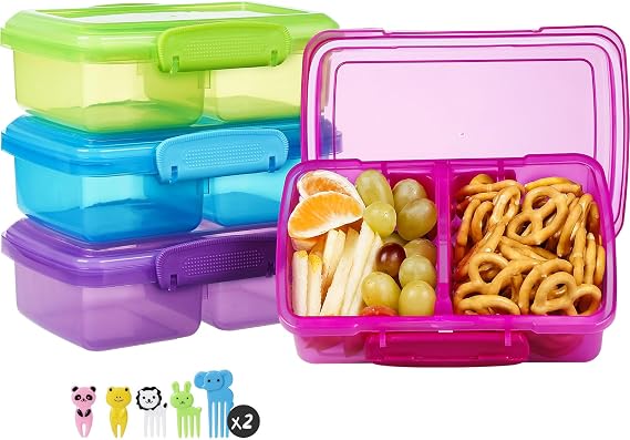Greentainer Plastic Snack Containers for Kids, 4 Pack Bento Boxs with 2 Compartments Travel Snack Container Sandwiches/Fruits/Candies Food Storage Containers BPA Free Dishwasher Safe-Colourful
