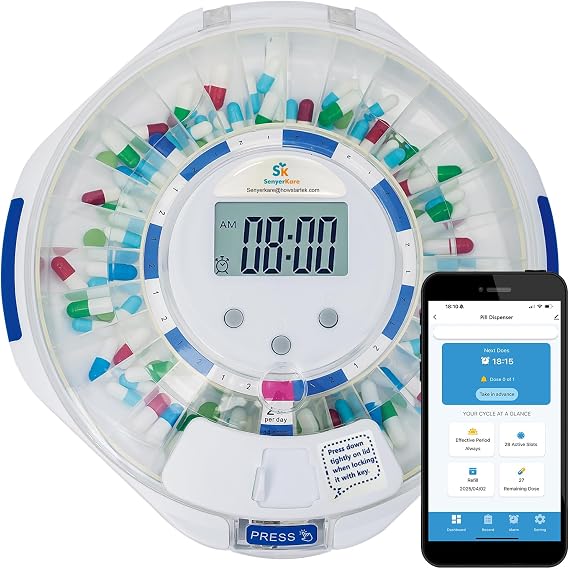28-Day Bluetooth Automatic Pill Dispenser, Key Lock Security, Medication Dispenser up to 9 Alarms/Day, Sound & Light Alarms, Ezi-Read LCD & App Alert for Prescriptions, Vitamins, Clear Lid