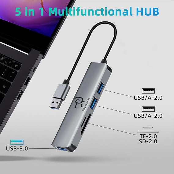 USB A Hub 5-in-1 Aluminum Adapter, with USB 3.0, USB 2.0 Ports, SD/TF Card Reader, for A Port Laptop, PC, Desktop,PS4/5, Xbox and More
