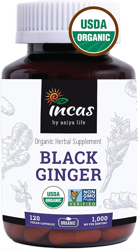 INCAS USDA Organic Thai Black Ginger for Men 120 Vegan Capsules 500mg Non GMO Verified | First & Only Organic Certified Kaempferia Parviflora Thai Ginseng