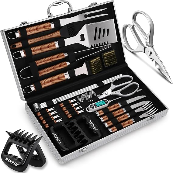 RINPIR 35pcs Grilling Tools Set with Aluminum Case for Men Dad Gifts,Brown