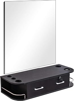 BarberPub Locking Wall Mount Styling Barber Station with Mirror Beauty Spa Salon Furniture,6154-5012-mirror Black
