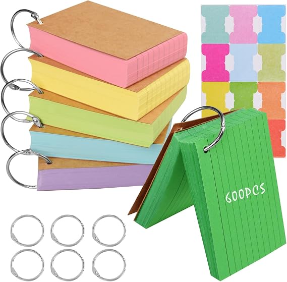 Vakki 6 Pack 600 Pcs Revision Cards, Flashcards for Revision Index Cards Ruled Multicolor Kraft Paper Notecards Cue with 6 Metal Binder Rings for Office School Home Study Record