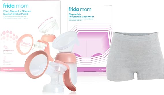 Frida Mom Postpartum Disposable Boyshort Underwear and 2-in-1 Manual Breast Pump Bundle, Hands-Free Silicone Suction Cup Milk Collector and SoftFeel Flange for Breastfeeding, 8 Size Regular Underwear