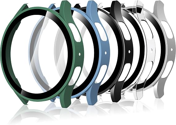 5-Pack Protective Case Compatible with Samsung Galaxy Watch 7 44mm, HD Hard PC Tempered Glass Screen Protector Bumper, Clear, Black, Starlight, Green, Blue