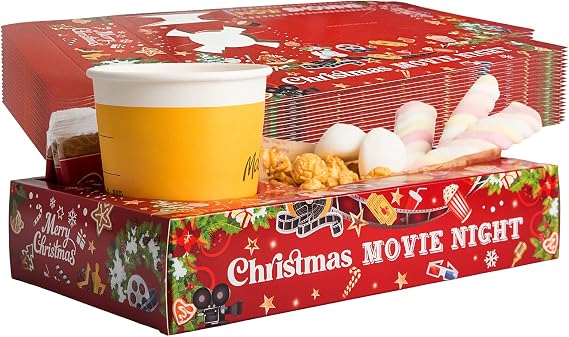 20 Pcs Christmas Party Supplies Movie Night Paper Snack Trays Xmas Party Decorations Movie Night Party Christmas Birthday Party Favors Party Snowman Family Movie Popcorn&Drink&Candy Box