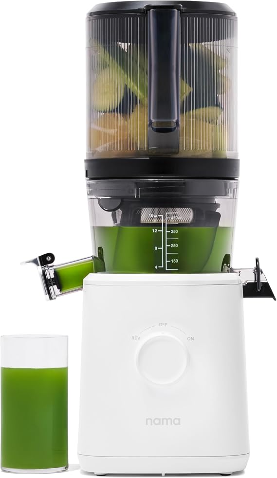 Nama J2 - Cold Press Juicer - Hands Free - White | Wide mouth hopper fits a whole recipe - zero waste mastization - high capacity juice, less pulp - easy to clean