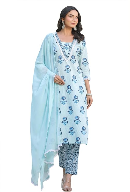 Janasya Indian Women's Cotton Blue Floral Print Casual Wear Kurta Set for Women