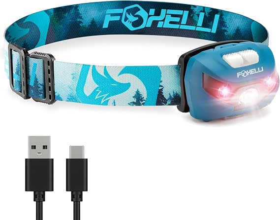 Foxelli USB-C Rechargeable LED Headlamp Super Bright, Lightweight Head Lamp for Running, Camping, Hiking & Work Comfortable Fit for Adults & Kids