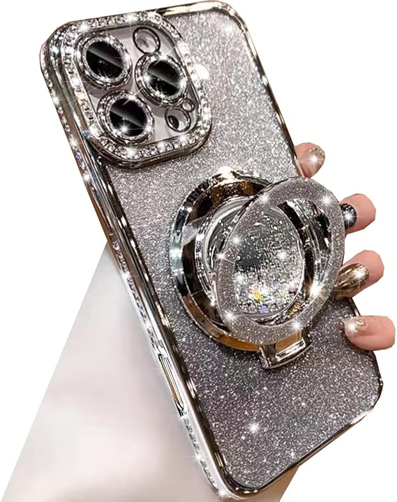 Changjia Glitter Kickstand Phone Case for iPhone 16 Pro Max,Bling Silver