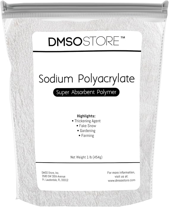 DMSOSTORE Sodium Polyacrylate 1 lb. Super Water Absorbent Polymer for Making Instant Fake Snow Cleaning Spills, as a Thickener and for ice Packs. Absorbs 1000 times its own weight with Water. Made