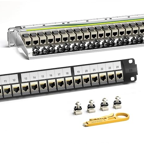 AMPCOM CAT7 Keystone Patch Panel 24-Port 1U with 10G Shielded Ethernet Inline Coupler - 19 Inch Rackmount &Wall Mount with Rear Support Bar