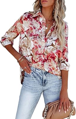siliteelon Blouses for Women Long Sleeve Button Down Shirts Printed Wrinkle-Free Dressy Casual Blouse Spring Fall Trendy