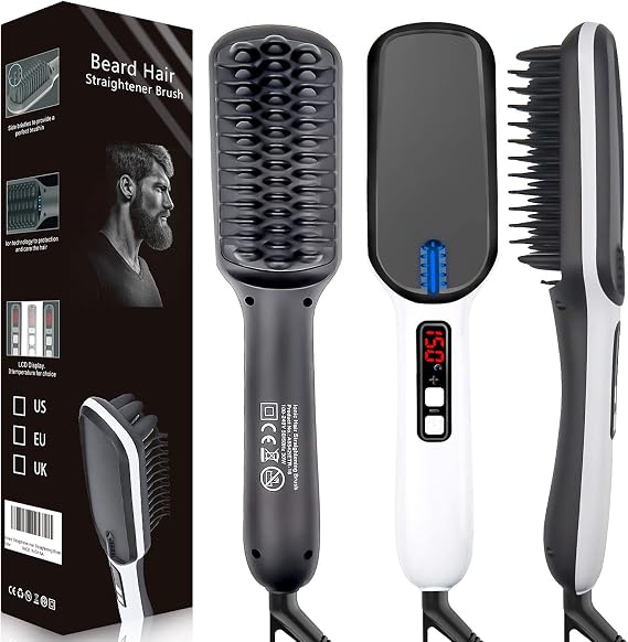 Electric Beard Straightener Brush for Men, Ionic Anti-Scald Beard Straightening Comb with LED Display, Adjustable Temperatures Control, Portable Frizz-Free Beard Hot Comb for Home & Travel