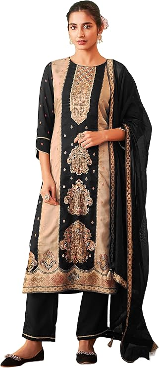 Janasya Indian Women's Silk Blend Black Jacquard Festive Wear Kurta Set for Women