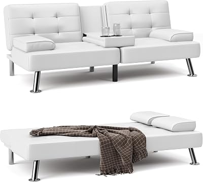 Shahoo Convertible Folding Futon Sofa Bed Sleeper Couch for Living Room Faux Leather Upholstered Loveseat wRemovable Armrests, Metal Legs, 2 Cup Holders, White