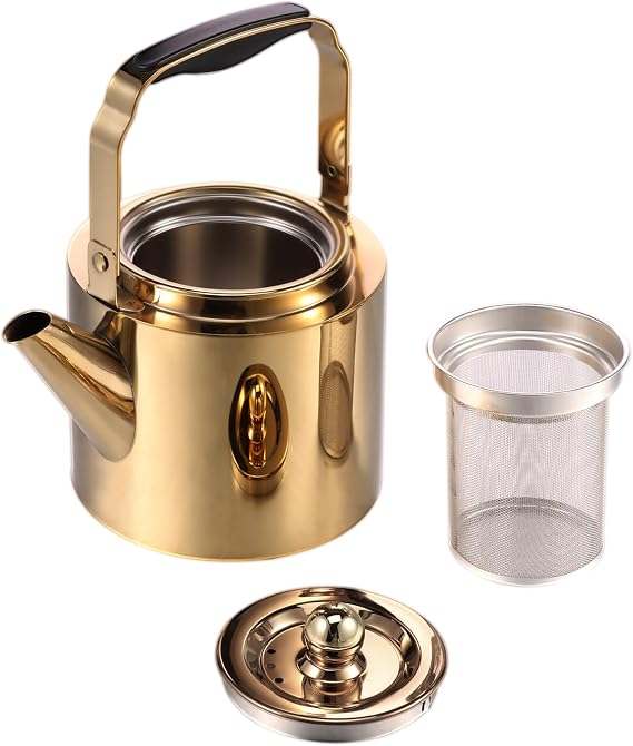 Stainless Steel Tea Pot with Infuser 1.8L Stovetop Tea Kettle Household Stainless Steel Teapot Stove Induction Kettle for Gas Hobs, Stovetop, Induction and Electric Hobs(Gold)