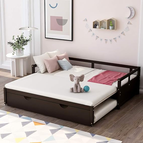 Bellemave Wooden Daybed with Trundle Bed,Extendable Twin to King Daybed Frame,Space Saving Dual-use Daybed for Bedroom, Guest Room,No Box Spring Required, Espresso