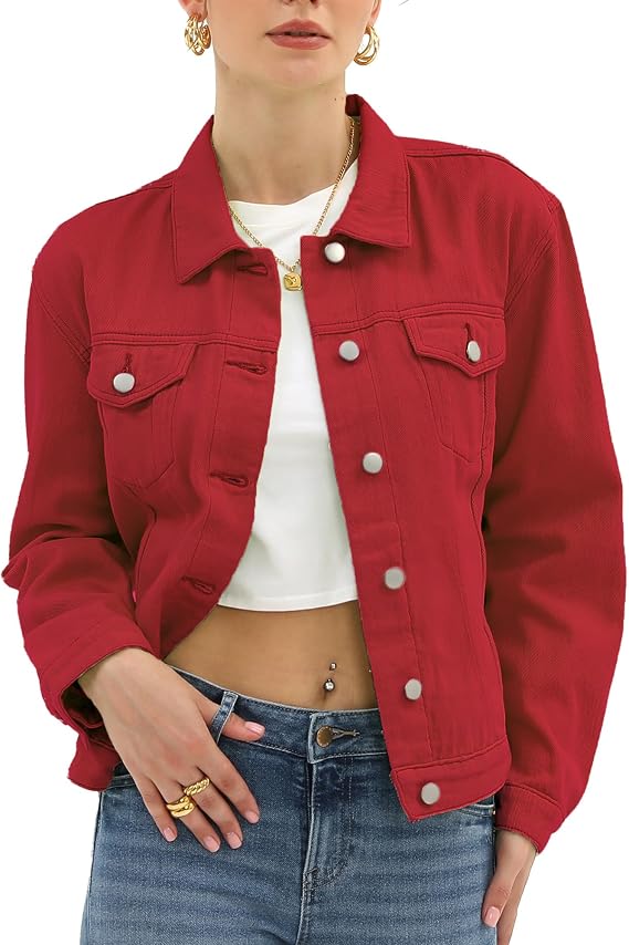 Argstar Women Denim Jacket Button Up Long Sleeve with Inner Pockets