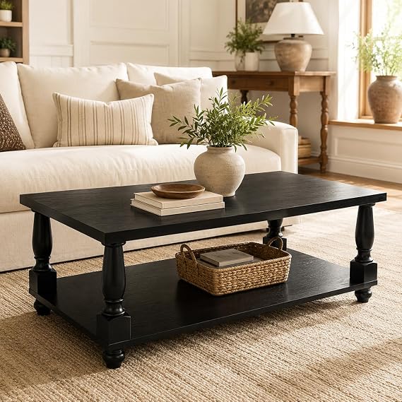 Homieasy 47" Farmhouse Coffee Table with Storage, Rectangular Wood, Black | Center Table with Solid Wood Turned Legs & Thickened Top, 2-Tier Cocktail Sofa Table for Living Room