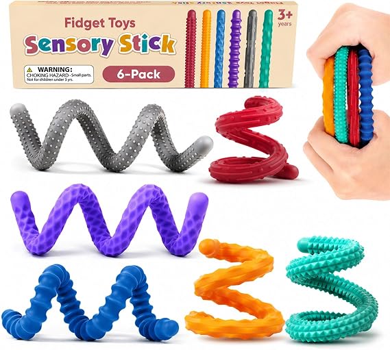 Textured Silicone Fidget Sticks 6 Pack Quiet Desk Toys for Adults Kids | 6 textured silicone sticks, 9 inches, silent desk fidgets, adult-friendly colors, travel-ready