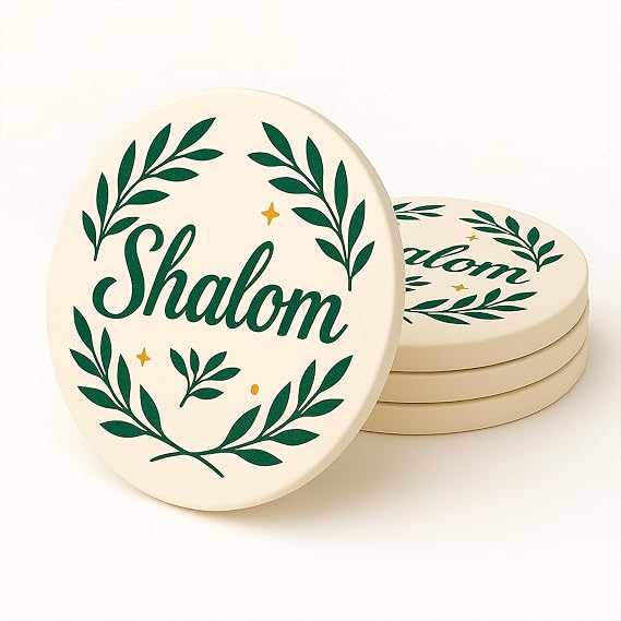 Shalom Coasters Set of 4 Ceramic Drink Coasters with Olive Branch Peace Design Absorbent Stone Coasters with Cork Base Christian & Jewish Gifts Religious Table Decor for Home Holidays