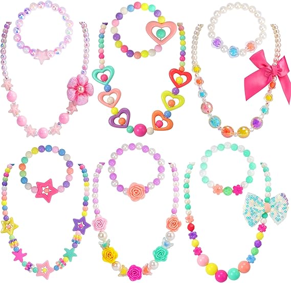 PinkSheep Kids Classic Jewelry, 6 Sets of Beaded Necklaces and Bracelets for Girls, Favors Bags for Girls Jewelry (Classic)