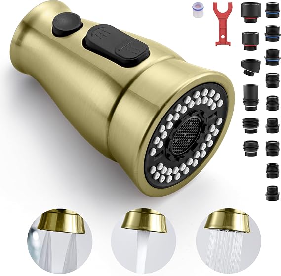 TIORIY Kitchen Faucet Head Replacement with 15 Adapters, 3 Modes Kitchen Faucet Sprayer Replacement Head, Pull Down Kitchen Faucet Spray Nozzle, Brushed Gold