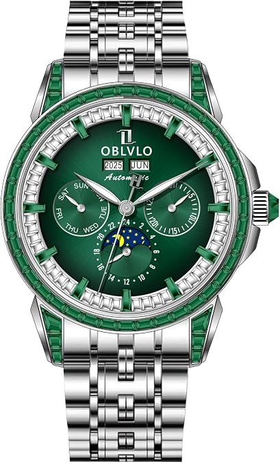 OBLVLO Luxury Men's 316L Stainless Steel Moonphase Automatic Watch Diamond Bezel 24-Hour Multifunction Mechanical Bracelet Watches GCM-MUT