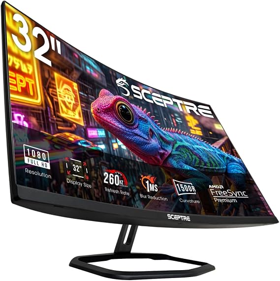 New! Sceptre Curved 32 inch Prime Gaming Monitor 1080p 1500R 110% sRGB HDMI X2 up to 240Hz, DisplayPort X2 up to 260Hz FreeSync Premium 1ms Build-in Speakers, Machine Black 2027 (C325B-FW260D.A1)