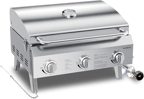 3-Burner Tabletop Gas Grill 30,000 BTUs Portable Propane Grill | 22-inch Stainless Steel Grill with Foldable Legs, Ideal for BBQ, Camping, Patio, Backyard, Tailgate, and Holiday Gatherings