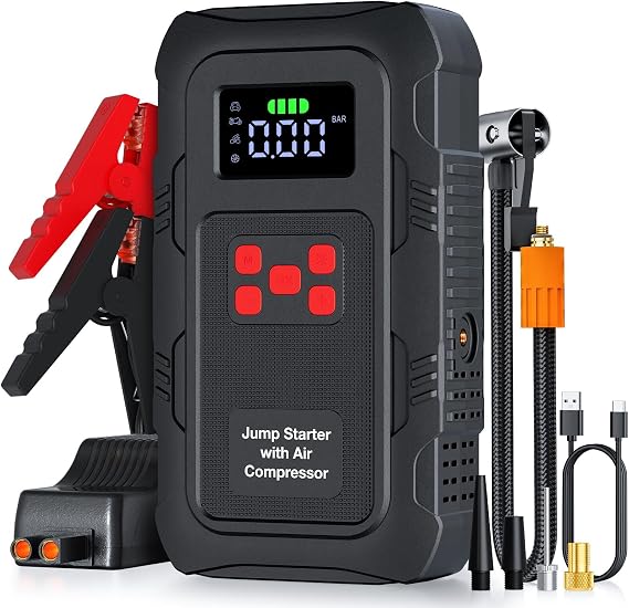 5000A Jump Starter with Air Compressor,A1 Car Jumper Starter with 150PSI Tire Inflator 12V Jump Box with LCD Display,Flashlight,Storage Case (Up 10L Gas/8L Diesel Engine