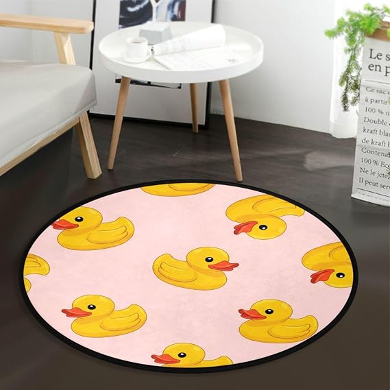 Cute Duck Round Rug 3 ft for Bedroom Washable Lovely Area Rug Mat Circle Non Slip Carpet with Rubber Backing Floor Mat Decor for Living Room Bathroom Kitchen