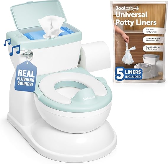 Jool Baby Real Feel 2-in-1 Potty with Wipes Storage, Flushing Sounds & Disposable Liners - Realistic Toilet - Easy to Clean & Assemble (Aqua)
